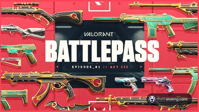 Valorant Battlepass promotional graphic featuring assorted weapon skins