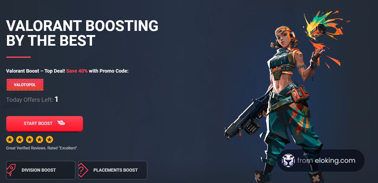 Promotional image for Valorant boosting services featuring a dynamic character