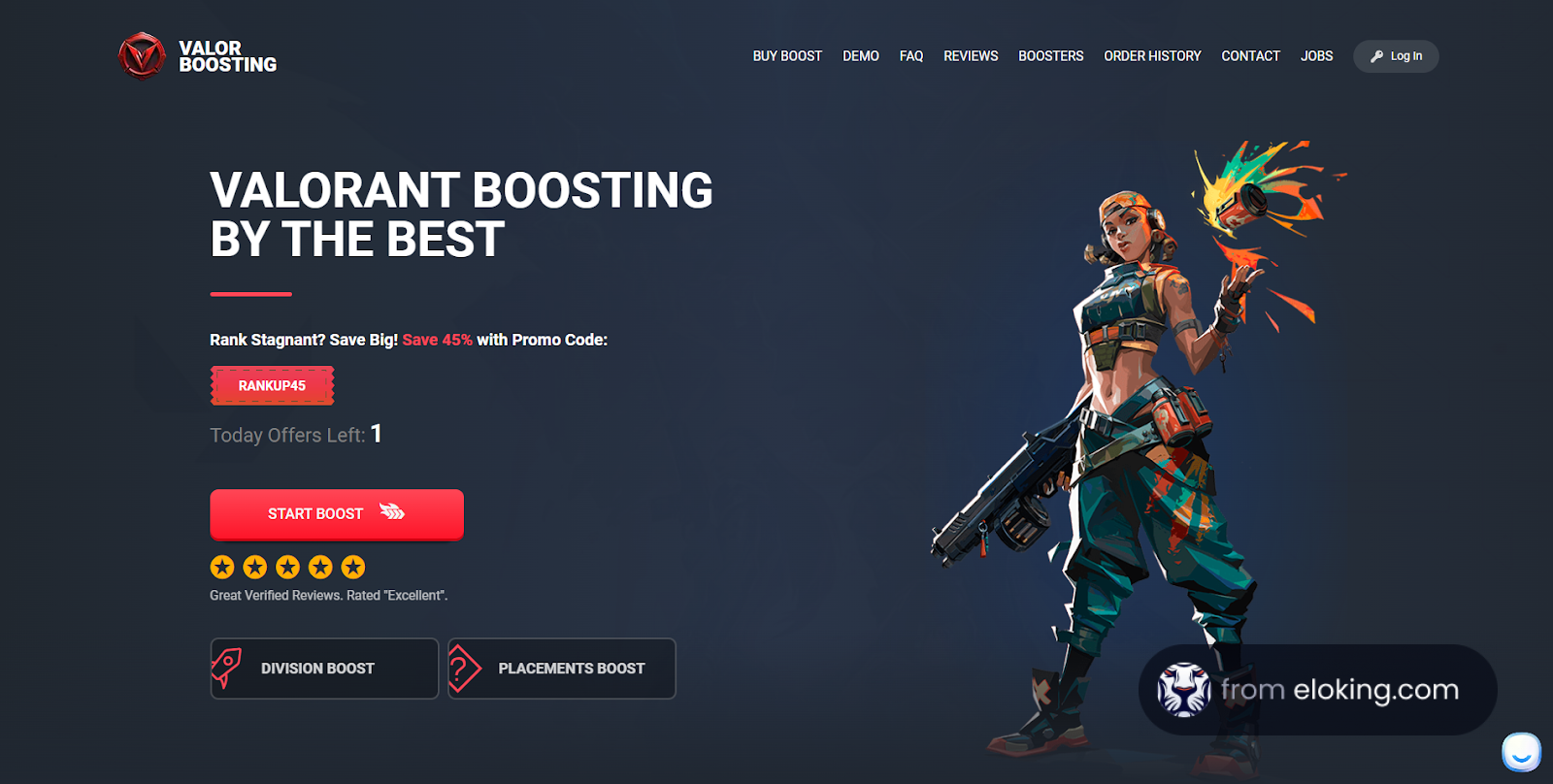 Valorant game boosting service advertisement featuring female character with colorful explosion