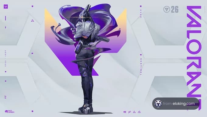 Futuristic Valorant character in dynamic pose with purple background