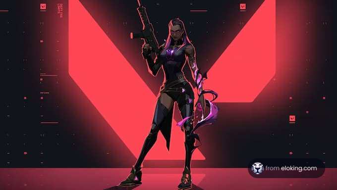 A character holding a gun with a red background