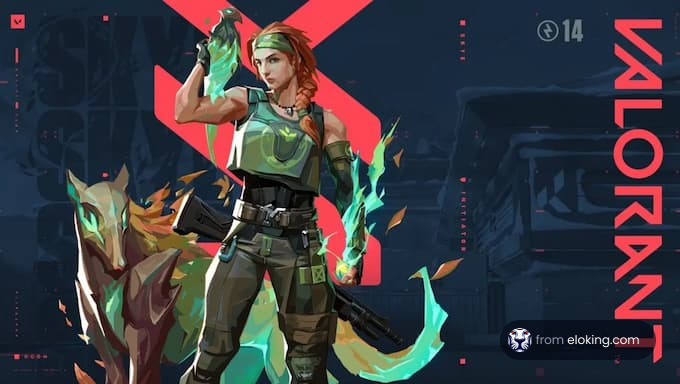 A heroine from Valorant with a fire spirit companion.
