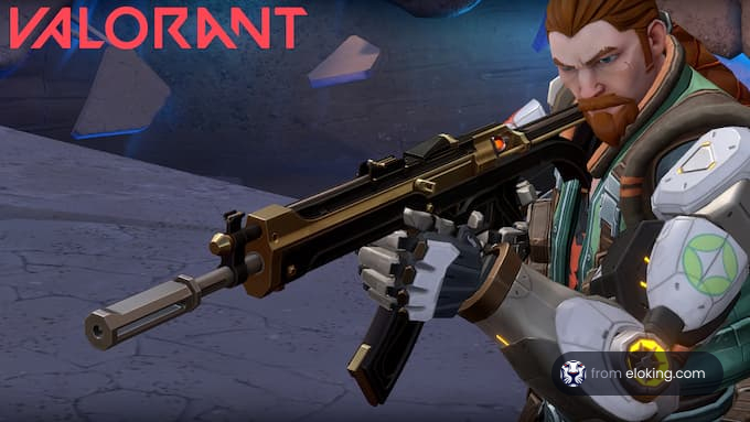 Valorant character aiming with a rifle in a dynamic game scene