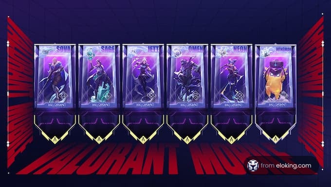 A lineup of Valorant characters: Sova, Sage, Jett, Omen, Neon, and Yoru.