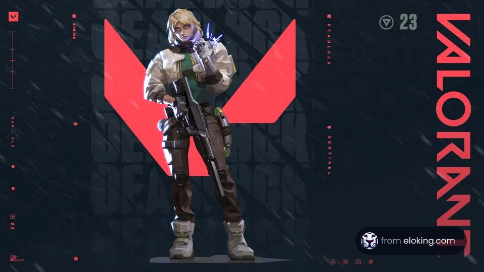 Valorant character with futuristic gear and rifle in front of a red logo