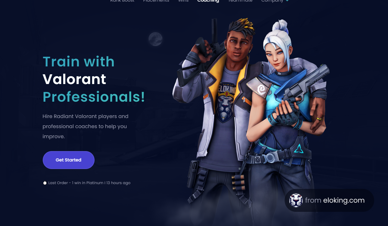 Two characters, one male and one female, from the game Valorant, posing with weapons, promoting professional coaching services on a dark blue background