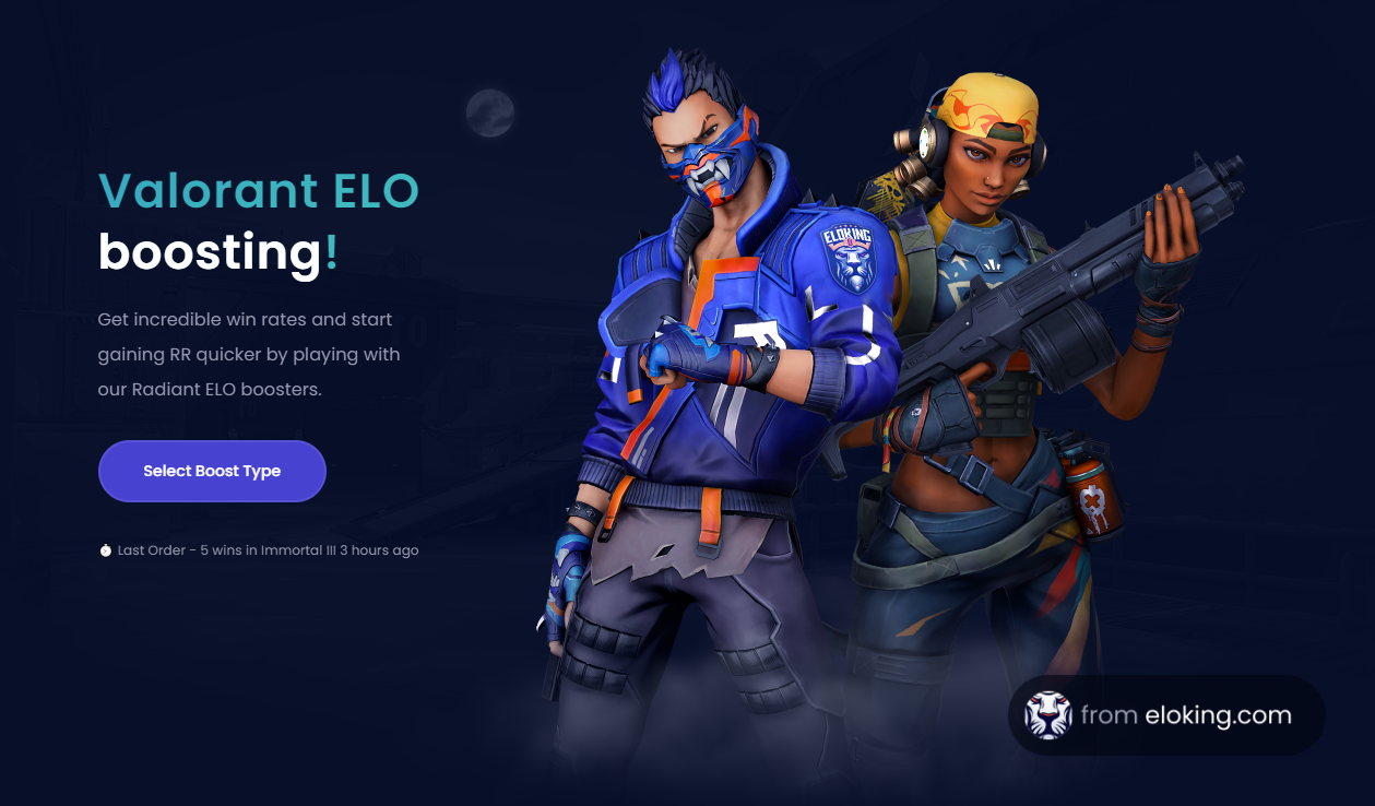 Two characters in a Valorant ELO boosting advertisement, one holding a gun