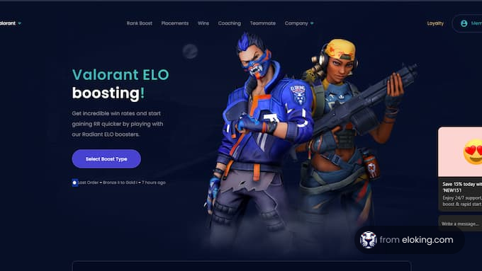 Valorant character models advertising ELO boosting services on a gaming website