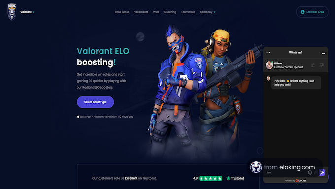 Valorant ELO boosting service advertisement with characters