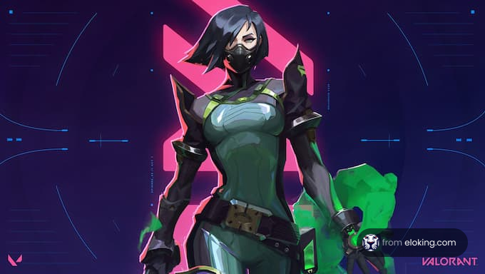 Female character in futuristic armor posing with neon accents