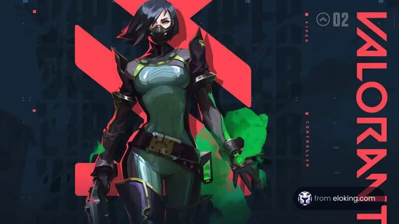 Female warrior in green and black armor with a futuristic gun and glowing green elements, set against a red geometric background.