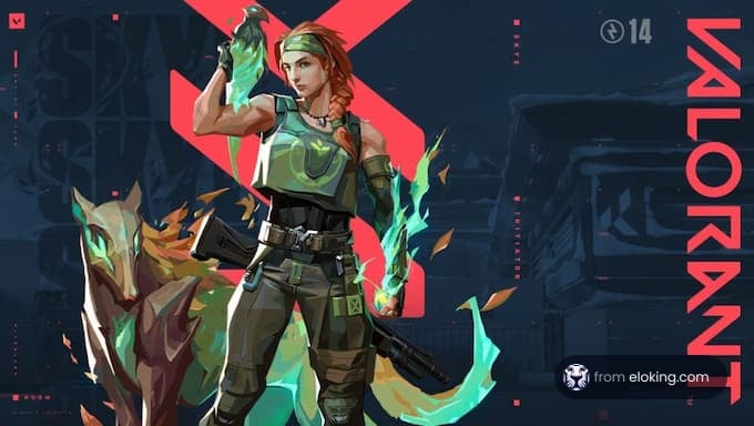 Female character with green hair and a flaming phoenix in Valorant