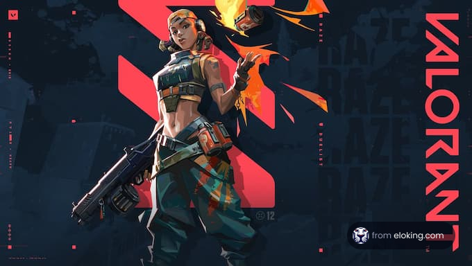 A dynamic illustration of a female character in Valorant, wielding a gun with a flame effect in the background