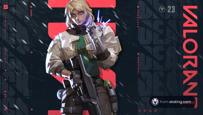 Artistic depiction of a female soldier in futuristic armor holding a rifle, with stylized Valorant theme background