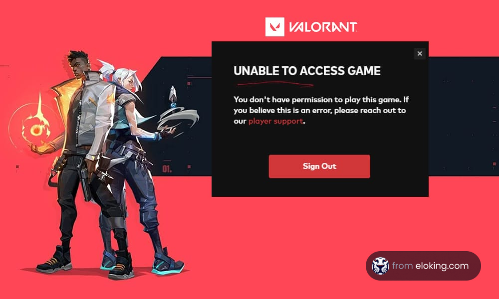 Two characters from Valorant with an error message about game access