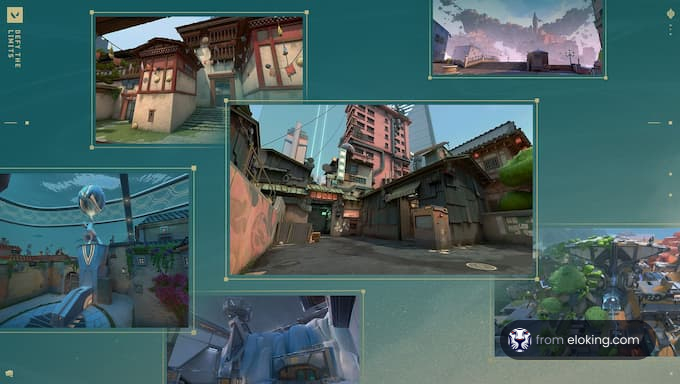 A collage of Valorant game maps showcasing various locations.