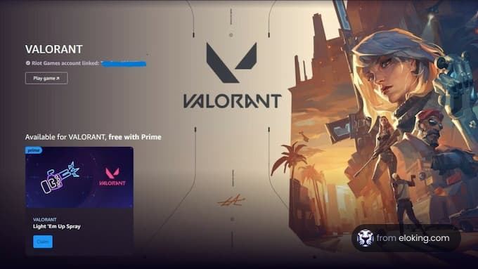 VALORANT game interface showing promotional content and linked Riot Games account