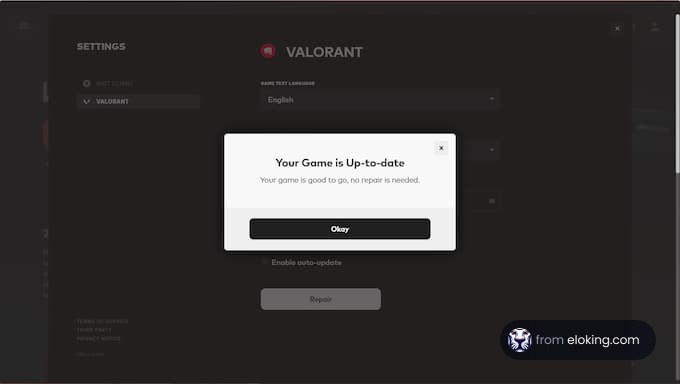 Screenshot of Valorant game settings showing the game is up-to-date