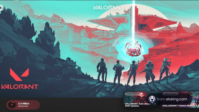 Illustration of Valorant game characters observing a radiant energy source in a futuristic landscape.