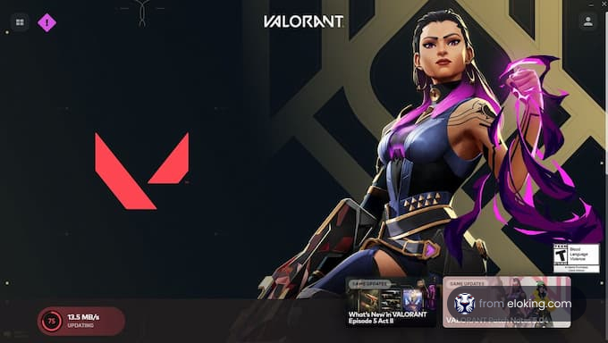 Valorant game update screen featuring a female character