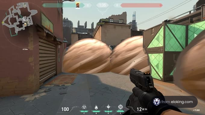 A character aiming in a strategic gameplay scenario with cover.