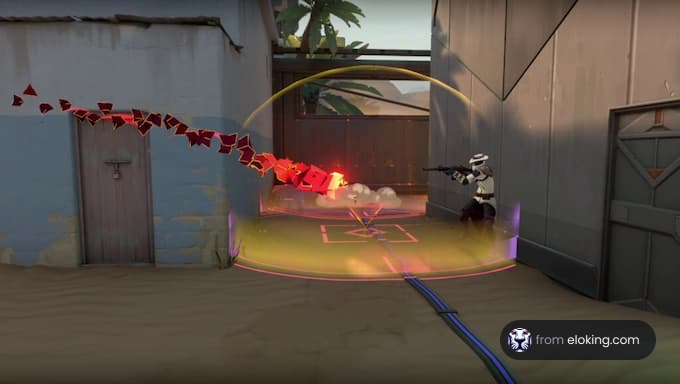 A character in Valorant using a weapon in an animated shooting scene.