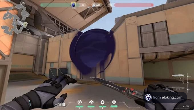 A player preparing to throw a purple ability in a tactical game environment.