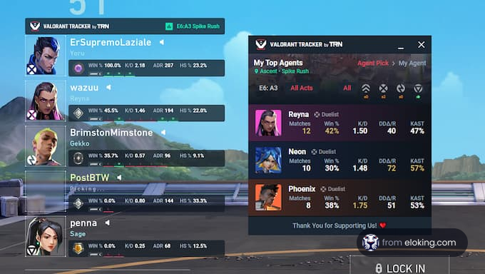 Screenshot of Valorant gameplay statistics with player rankings and agent picks