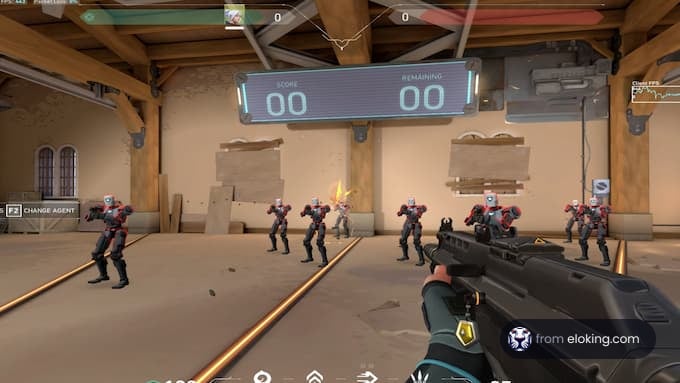 A player shooting in a training range in Valorant, featuring robotic targets.