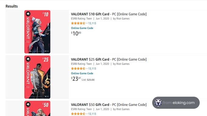 Various VALORANT gift cards displayed with price and rating details