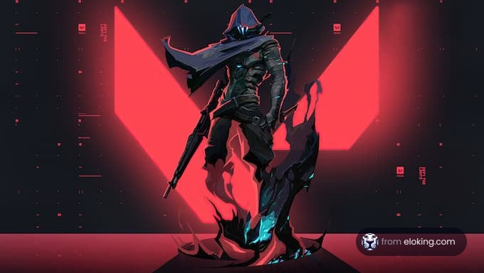 A futuristic hero character with a cloak and weapon standing in front of a red backdrop.