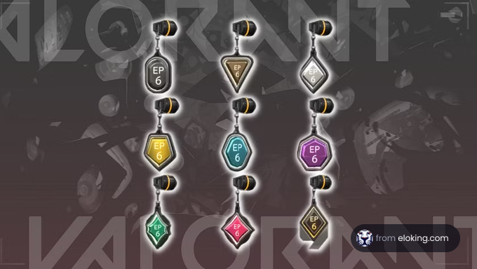 Colorful Valorant inspired keychains with episode 6 tags on a themed background