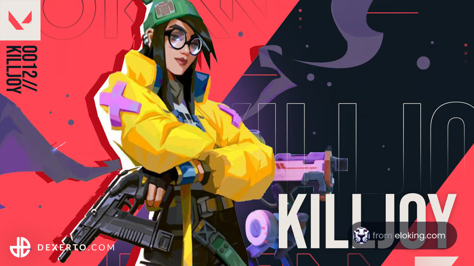 Colorful artwork of Killjoy, a character from the game Valorant, posing with a weapon against an abstract graphic background