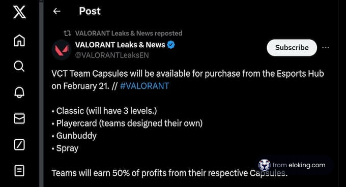 Screenshot of a social media post about Valorant team capsules availability