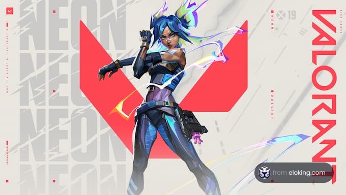 Valorant character Neon in an action pose with bright blue hair and dynamic background