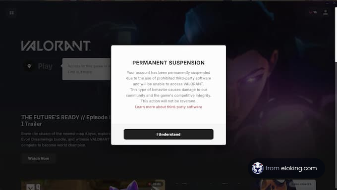 Permanent account suspension notice in the game Valorant, depicting a masked character with a somber expression.