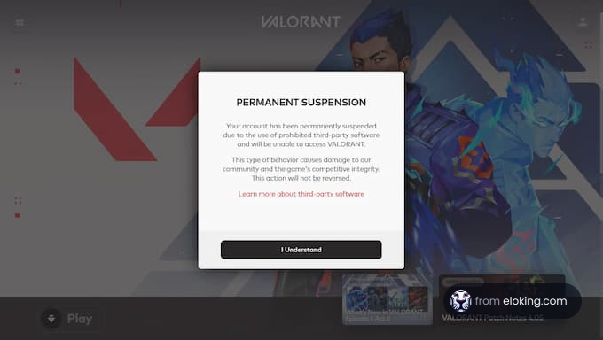 Permanent suspension notice for Valorant account due to third-party software use.
