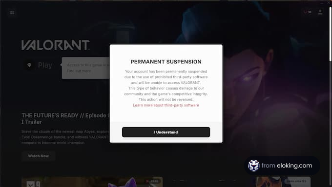 Screenshot of a permanent suspension notification on Valorant game interface