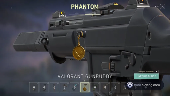 Close-up of a Phantom gun with a golden gunbuddy in VALORANT