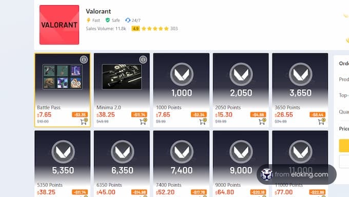Valorant points options including Battle Pass and Minima 2.0