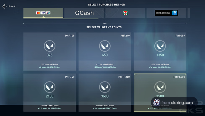 Screenshot showing various Valorant Points purchase options with GCash payment method