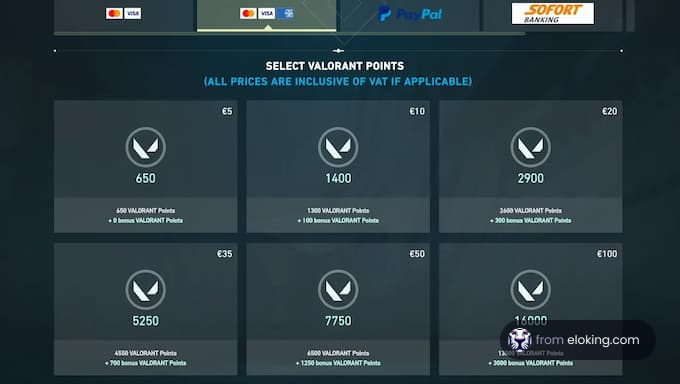 Screenshot displaying Valorant Points selection for purchase with various price options