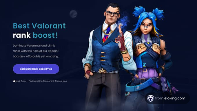 Advertisement for Valorant rank boosting featuring two animated characters