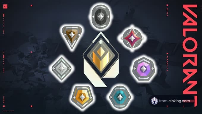 Valorant rank icons displayed in a creative layout