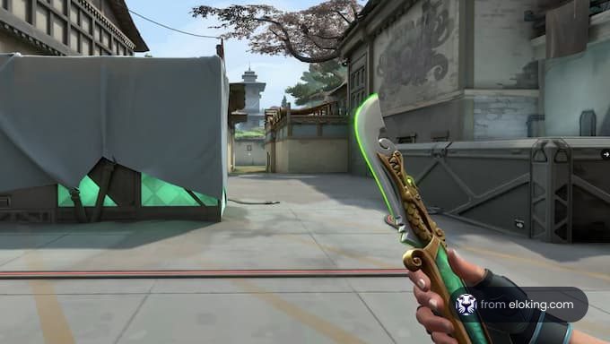 A character holding a distinctive weapon in a vibrant game environment.