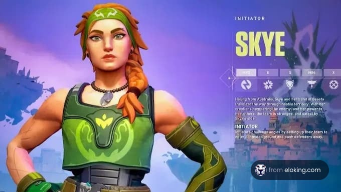 Valorant game character Skye, an Australian initiator with green attire and orange braid