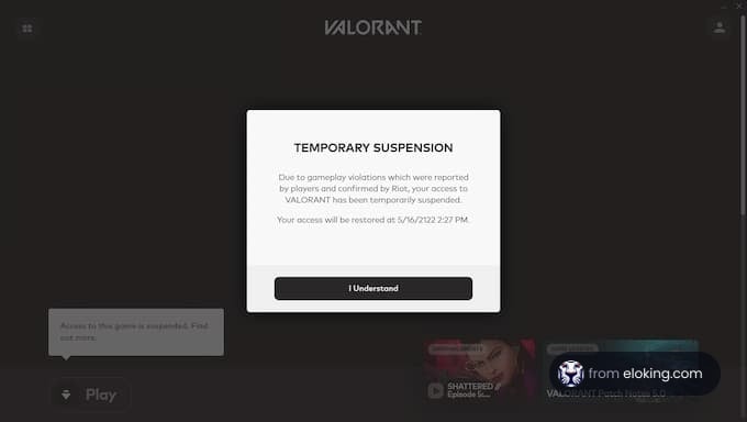 Screenshot of a temporary suspension notice in Valorant game