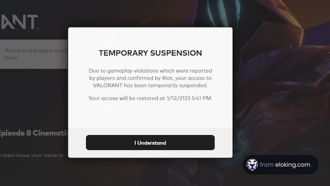 Screenshot of a temporary suspension notice in Valorant video game