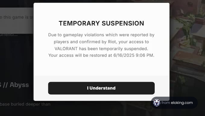 Temporary suspension notice for VALORANT due to gameplay violations.