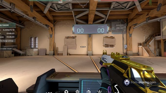Training range in Valorant with a countdown timer and weapon display